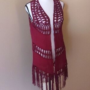 Rue21 Burgundy Crochet Vest With Fringe